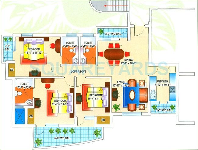 Floor plan of 3 BHK 1698 Sq. Ft. Apartment in Mapsko Krishna Apra Gardens, Ghaziabad