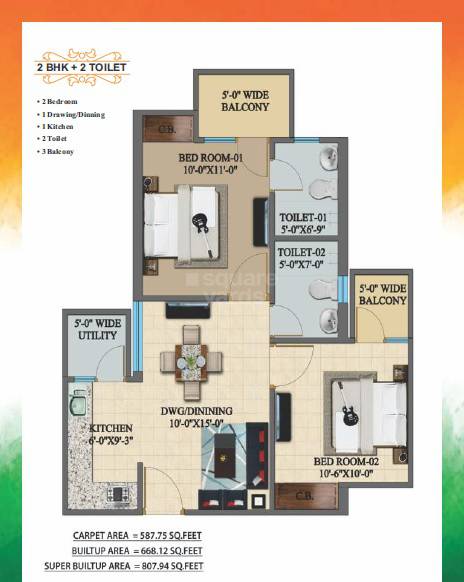 Floor plan of 2 BHK 807 Sq. Ft. Apartment in Mehak Jeevan, Ghaziabad