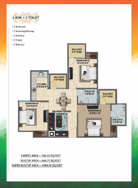 Floor plan of 3 BHK 1090 Sq. Ft. Apartment in Mehak Jeevan, Ghaziabad