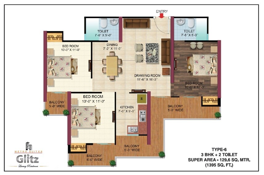 Floor plan of 3 BHK 1395 Sq. Ft. Apartment in Metro Suites Glitz, Ghaziabad