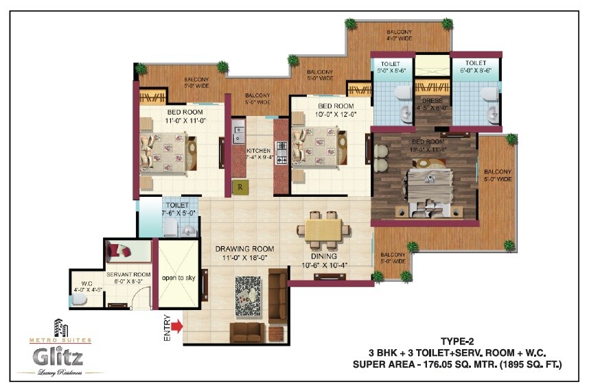 Floor plan of 3 BHK 1895 Sq. Ft. Apartment in Metro Suites Glitz, Ghaziabad