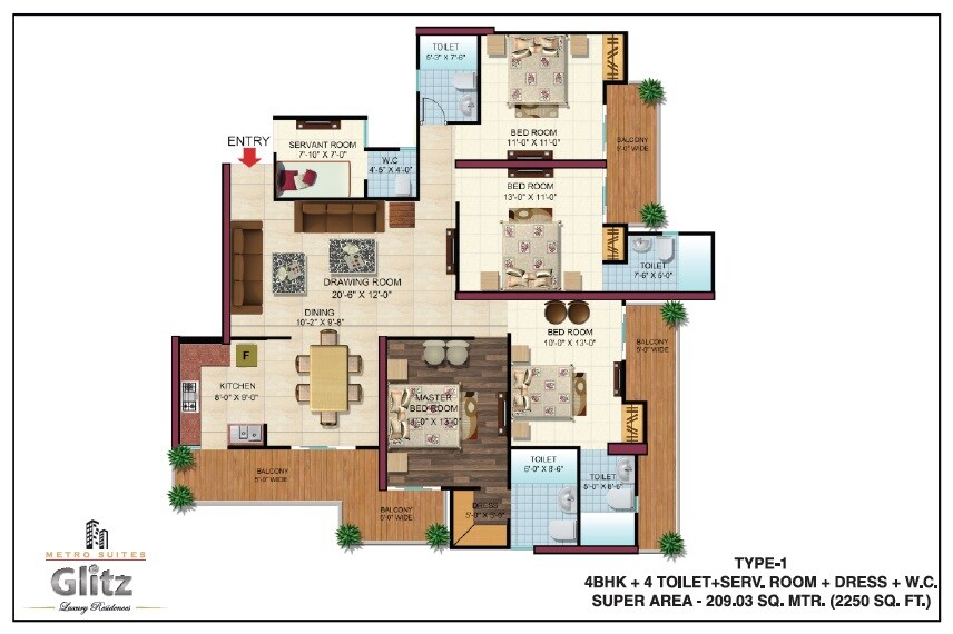 Floor plan of 4 BHK 2250 Sq. Ft. Apartment in Metro Suites Glitz, Ghaziabad
