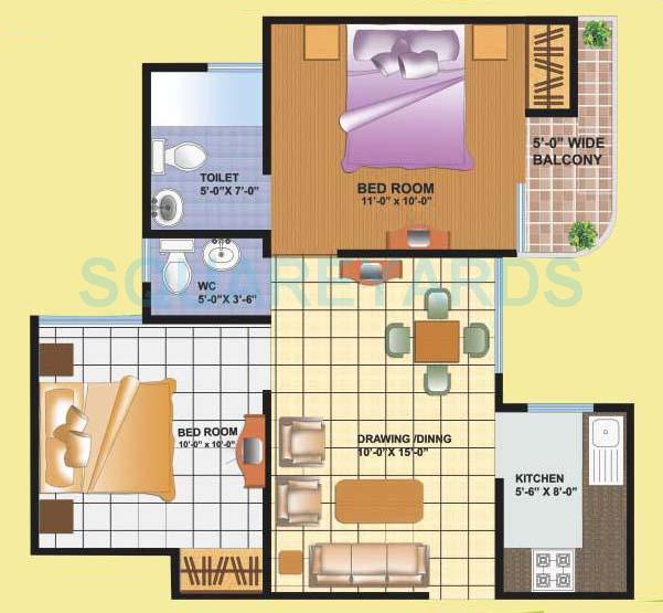Floor plan of 2 BHK 800 Sq. Ft. Apartment in MGI Gharaunda, Ghaziabad