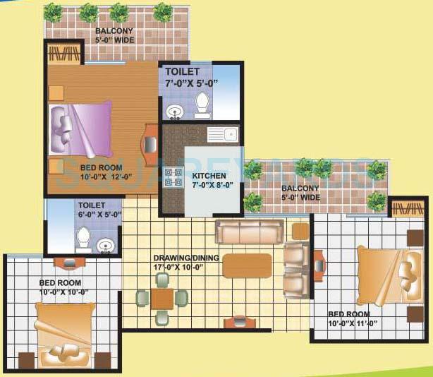 Floor plan of 3 BHK 1100 Sq. Ft. Apartment in MGI Gharaunda, Ghaziabad