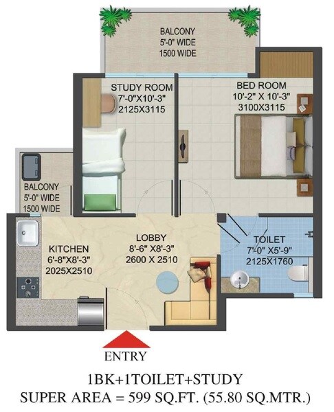 Floor plan of 1 BHK 599 Sq. Ft. Apartment in Migsun Amulya, Ghaziabad