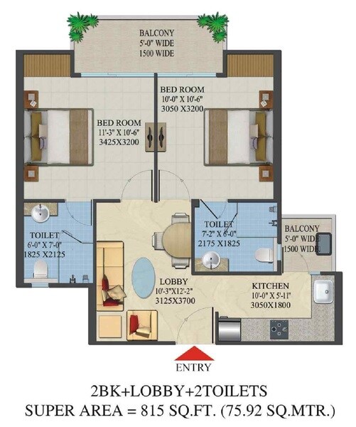 Floor plan of 2 BHK 815 Sq. Ft. Apartment in Migsun Amulya, Ghaziabad