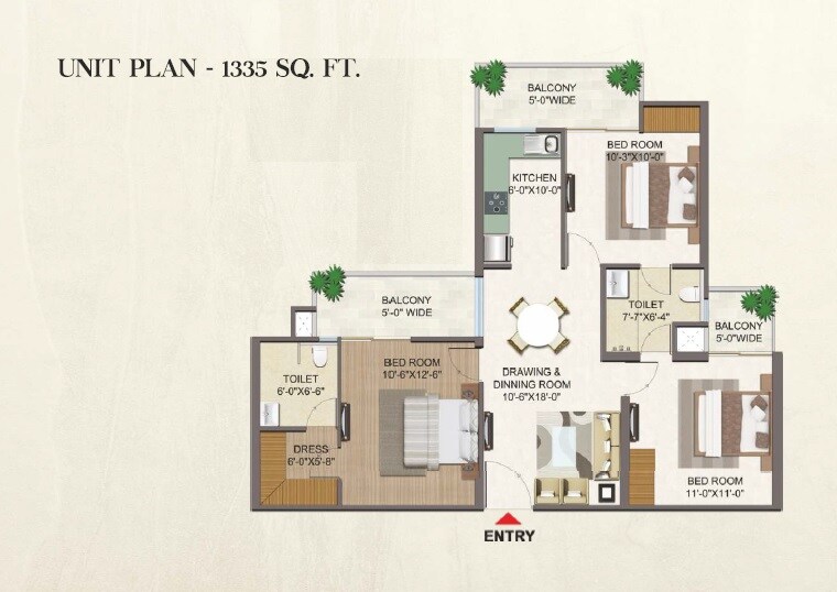 Floor plan of 3 BHK 1335 Sq. Ft. Apartment in Migsun Atharva, Ghaziabad