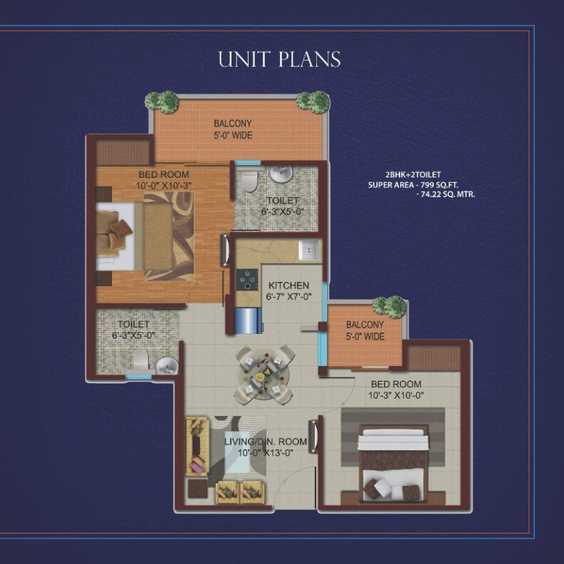 Floor plan of 2 BHK 799 Sq. Ft. Apartment in Migsun Kiaan, Ghaziabad