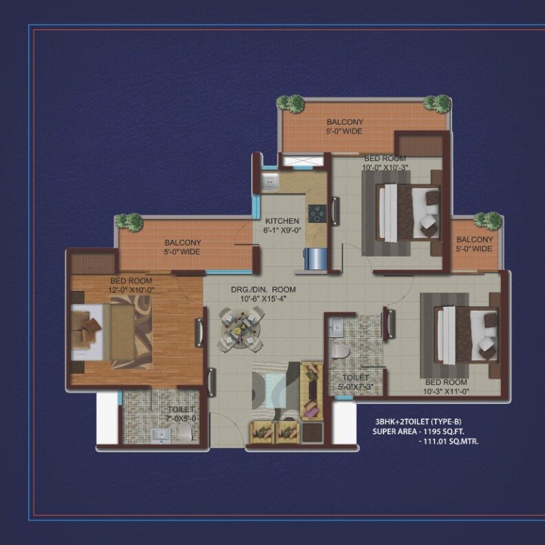 Floor plan of 3 BHK 1195 Sq. Ft. Apartment in Migsun Kiaan, Ghaziabad