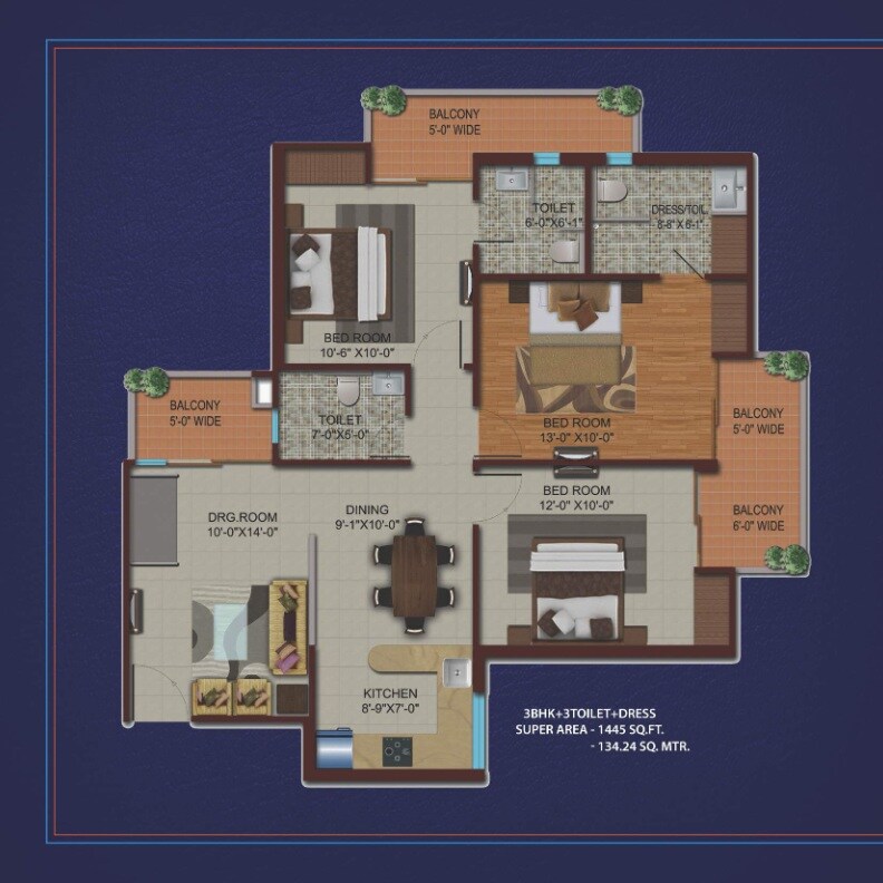 Floor plan of 3 BHK 1445 Sq. Ft. Apartment in Migsun Kiaan, Ghaziabad