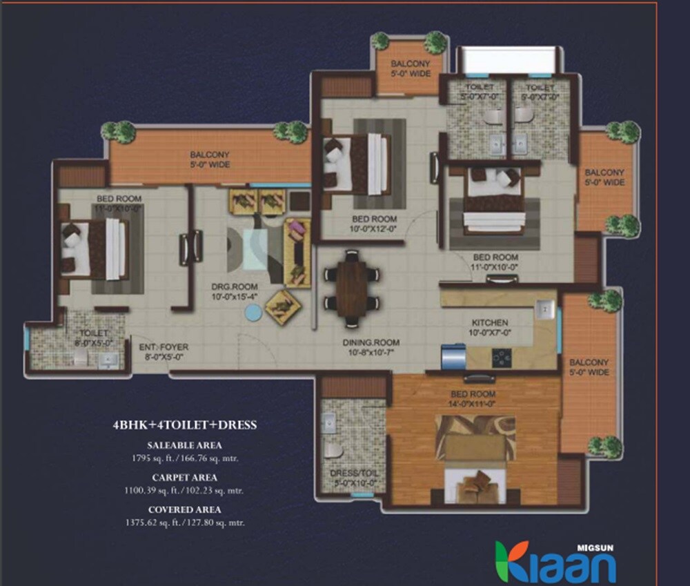 Floor plan of 4 BHK 1795 Sq. Ft. Apartment in Migsun Kiaan, Ghaziabad