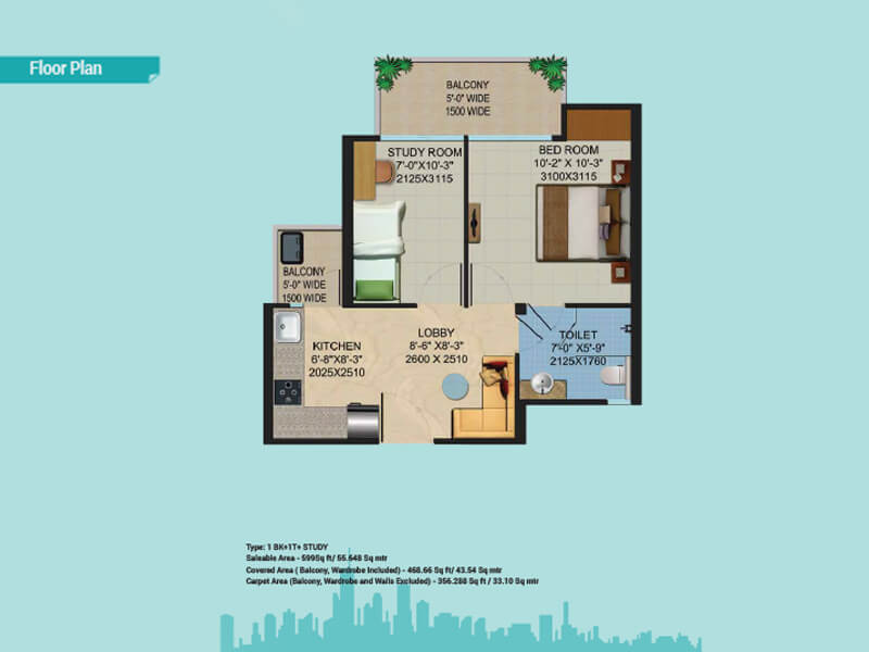 Floor plan of 1 BHK 599 Sq. Ft. Apartment in Migsun Roof, Ghaziabad