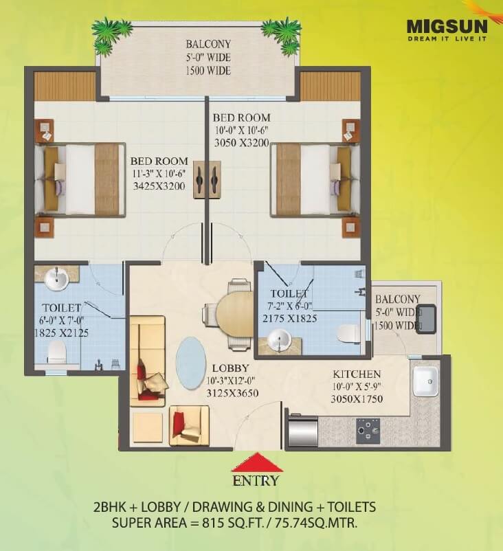 Floor plan of 2 BHK 815 Sq. Ft. Apartment in Migsun Roof, Ghaziabad