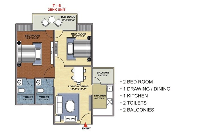 Floor plan of 2 BHK 1055 Sq. Ft. Apartment in Mittal Rajnagar Residency, Ghaziabad