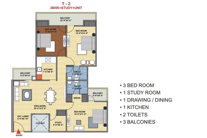 Floor plan of 3 BHK 1710 Sq. Ft. Apartment in Mittal Rajnagar Residency, Ghaziabad
