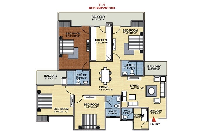 Floor plan of 4 BHK 2180 Sq. Ft. Apartment in Mittal Rajnagar Residency, Ghaziabad