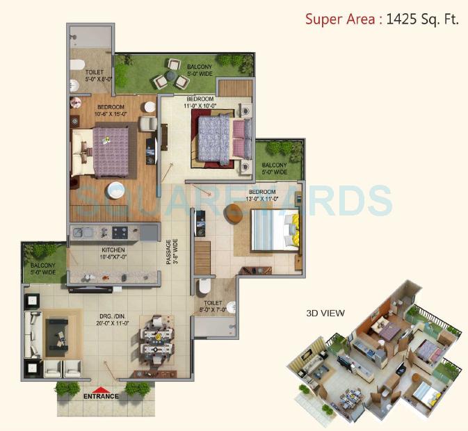Floor plan of 3 BHK 1425 Sq. Ft. Apartment in MKS La Royale, Ghaziabad