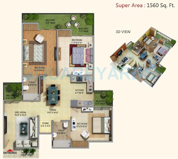 Floor plan of 3 BHK 1560 Sq. Ft. Apartment in MKS La Royale, Ghaziabad