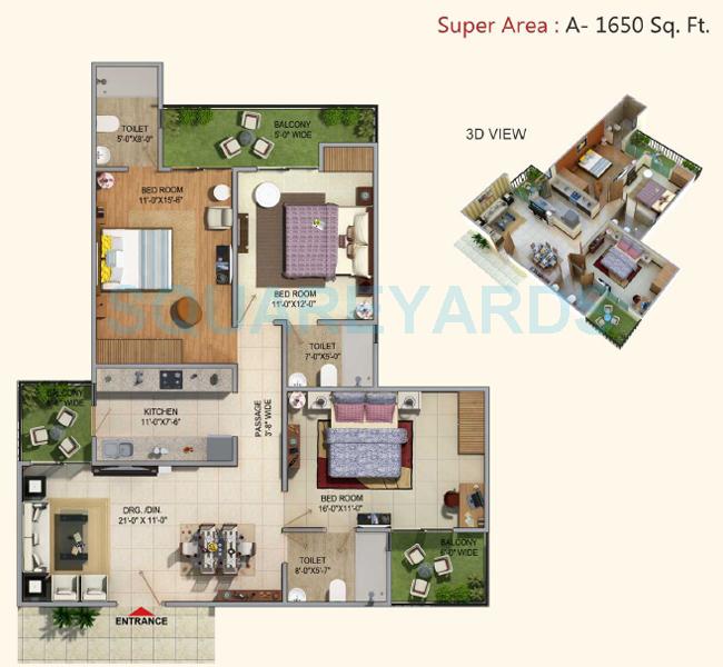 Floor plan of 3 BHK 1650 Sq. Ft. Apartment in MKS La Royale, Ghaziabad