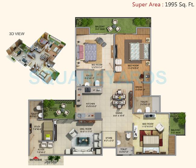 Floor plan of 3 BHK 1995 Sq. Ft. Apartment in MKS La Royale, Ghaziabad