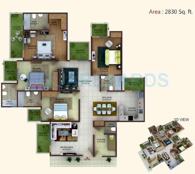 Floor plan of 4 BHK 2830 Sq. Ft. Apartment in MKS La Royale, Ghaziabad