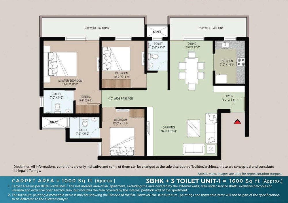 Floor plan of 3 BHK 1600 Sq. Ft. Apartment in Modi Umesh Park, Ghaziabad