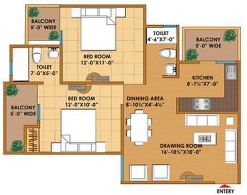 Floor plan of 2 BHK 960 Sq. Ft. Apartment in MR Heritage, Ghaziabad