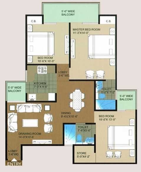 Floor plan of 3 BHK 1425 Sq. Ft. Apartment in MR Heritage, Ghaziabad