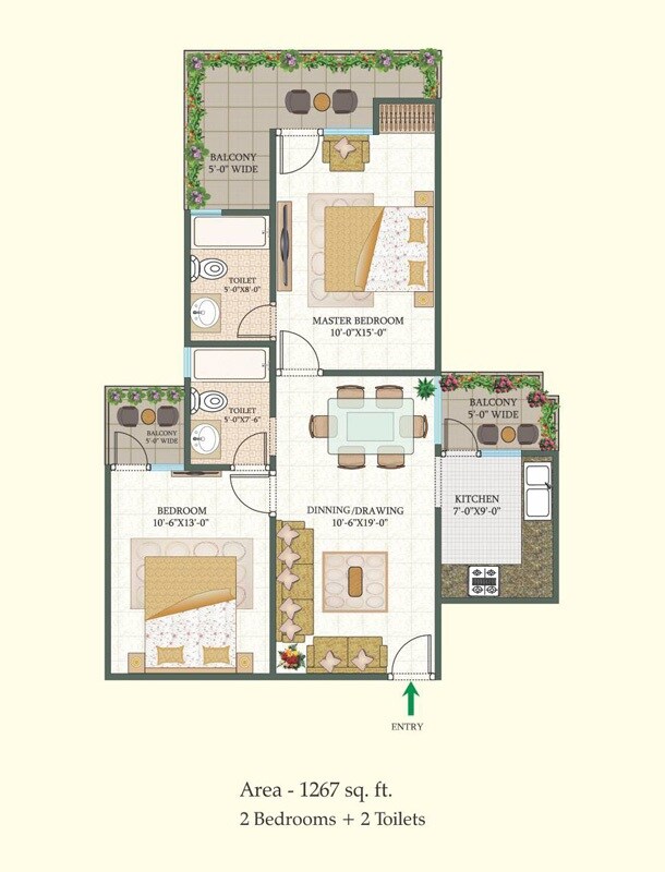 Floor plan of 2 BHK 1267 Sq. Ft. Apartment in MR Proview Shalimar City, Ghaziabad