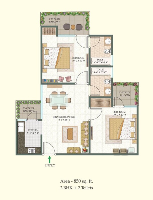 Floor plan of 2 BHK 850 Sq. Ft. Apartment in MR Proview Shalimar City, Ghaziabad