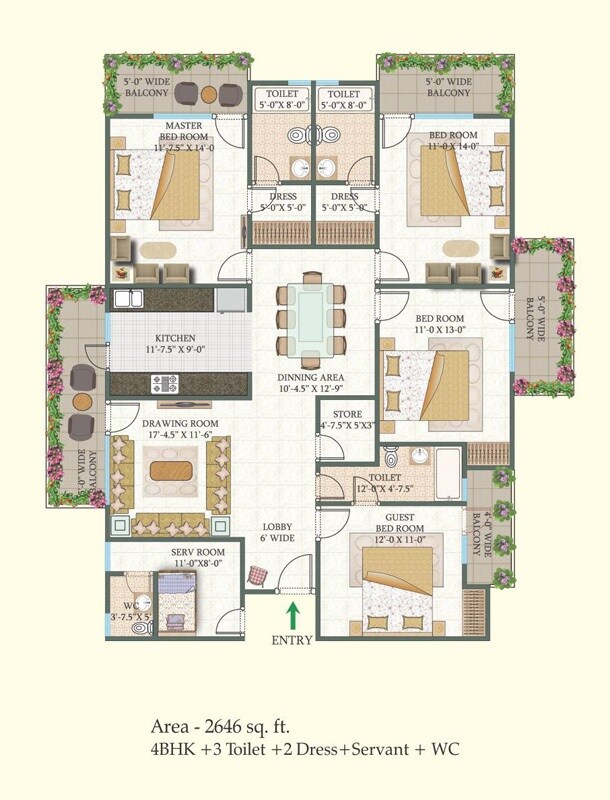 Floor plan of 4 BHK 2646 Sq. Ft. Apartment in MR Proview Shalimar City, Ghaziabad