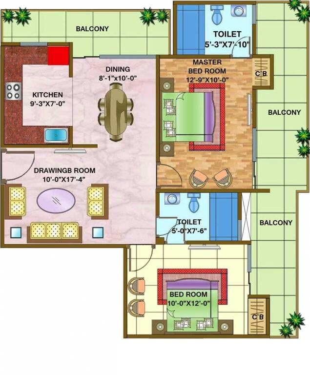 Floor plan of 2 BHK 1280 Sq. Ft. Apartment in Nandini The Vasundhara Grand, Ghaziabad