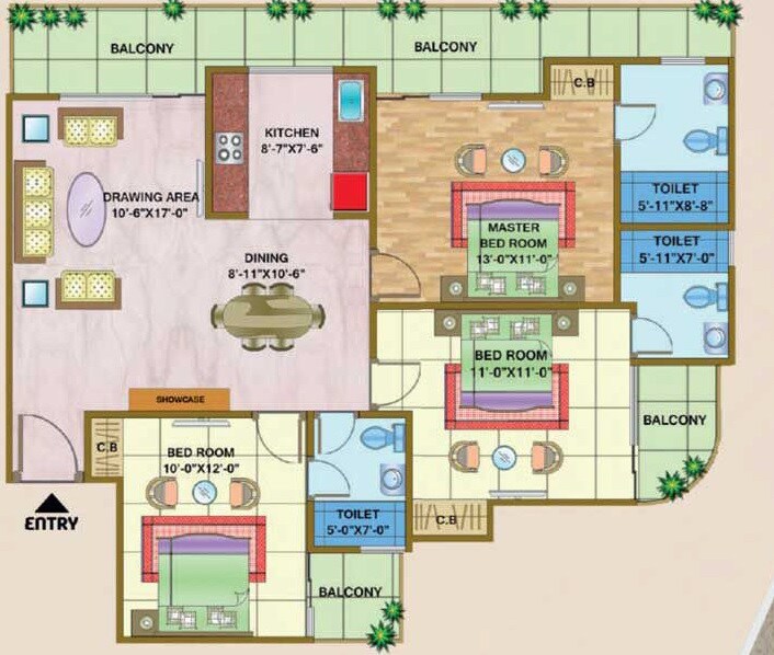 Floor plan of 3 BHK 1650 Sq. Ft. Apartment in Nandini The Vasundhara Grand, Ghaziabad