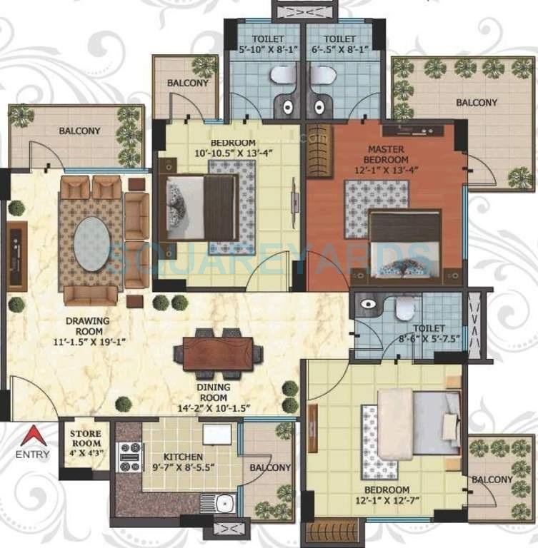 Floor plan of 3 BHK 1756 Sq. Ft. Apartment in Niho Blossom, Ghaziabad