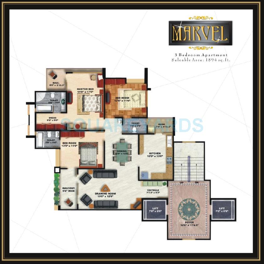 Floor plan of 3 BHK 1894 Sq. Ft. Apartment in Niho Marvel Scottish Garden, Ghaziabad