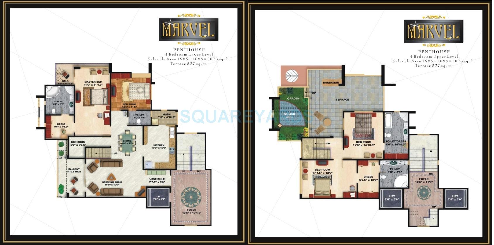 Floor plan of 4 BHK 3073 Sq. Ft. Penthouse in Niho Marvel Scottish Garden, Ghaziabad