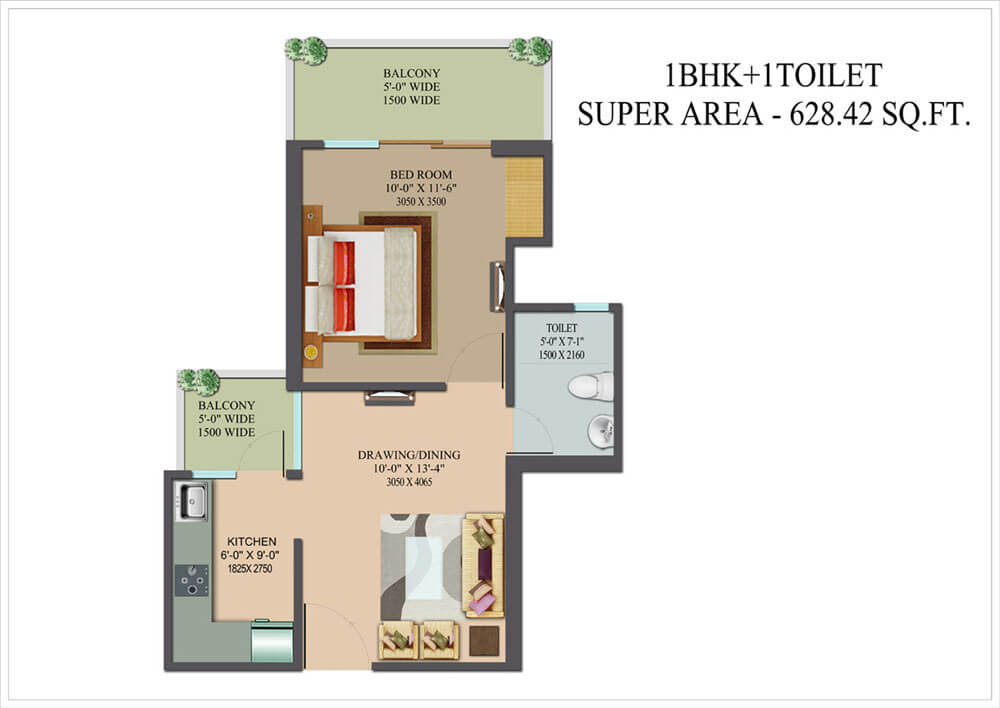 Floor plan of 1 BHK 628 Sq. Ft. Apartment in Nilaya Greens, Ghaziabad