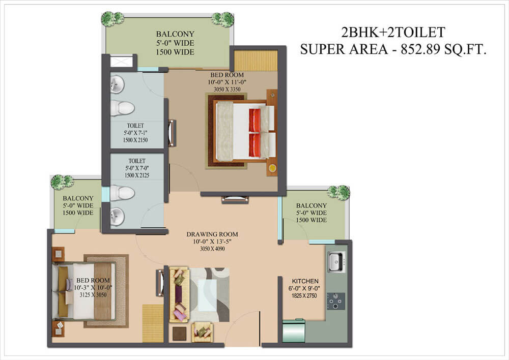 Floor plan of 2 BHK 852 Sq. Ft. Apartment in Nilaya Greens, Ghaziabad