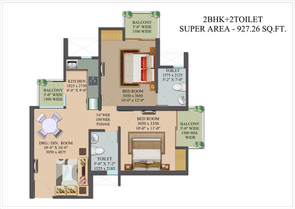 Floor plan of 2 BHK 927 Sq. Ft. Apartment in Nilaya Greens, Ghaziabad