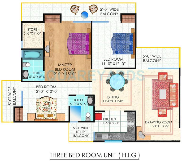 Floor plan of 3 BHK 2040 Sq. Ft. Apartment in Nirala Eden Park 1, Ghaziabad