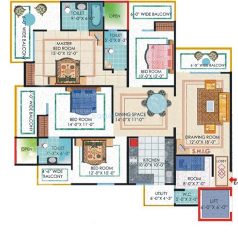 Floor plan of 4 BHK 2250 Sq. Ft. Apartment in Nirala Eden Park 1, Ghaziabad
