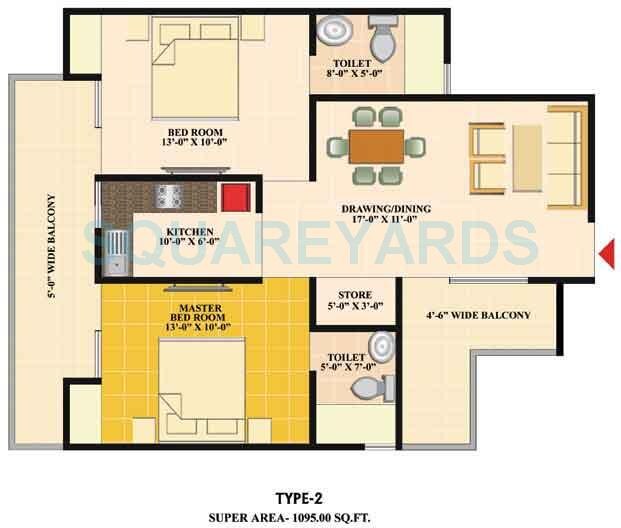 Floor plan of 2 BHK 1095 Sq. Ft. Apartment in Nirala Eden Park 2, Ghaziabad