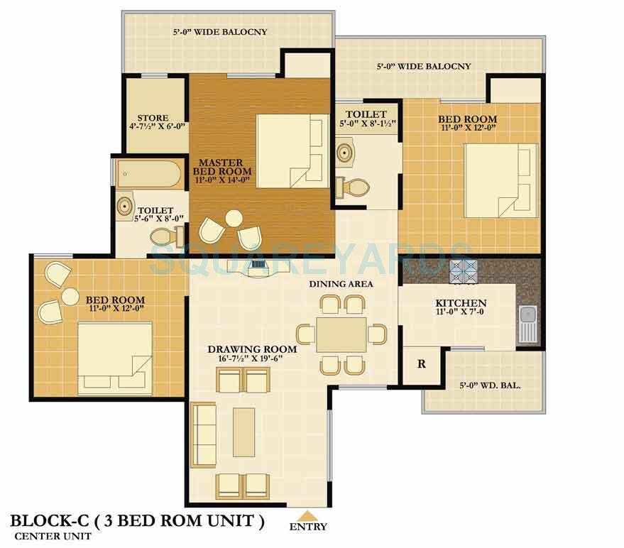 Floor plan of 3 BHK 1600 Sq. Ft. Apartment in Nirala Eden Park 2, Ghaziabad