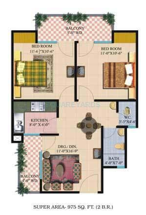 Floor plan of 2 BHK 975 Sq. Ft. Apartment in Nitishree Aura Abode, Ghaziabad