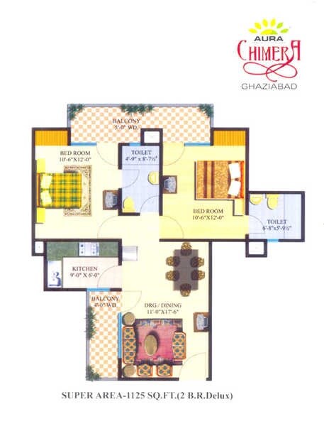 Floor plan of 2 BHK 1125 Sq. Ft. Apartment in Nitishree Aura Chimera, Ghaziabad