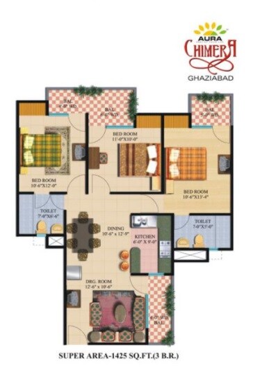 Floor plan of 3 BHK 1425 Sq. Ft. Apartment in Nitishree Aura Chimera, Ghaziabad