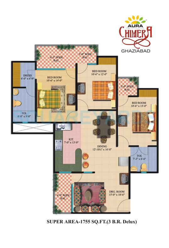 Floor plan of 3 BHK 1755 Sq. Ft. Apartment in Nitishree Aura Chimera, Ghaziabad