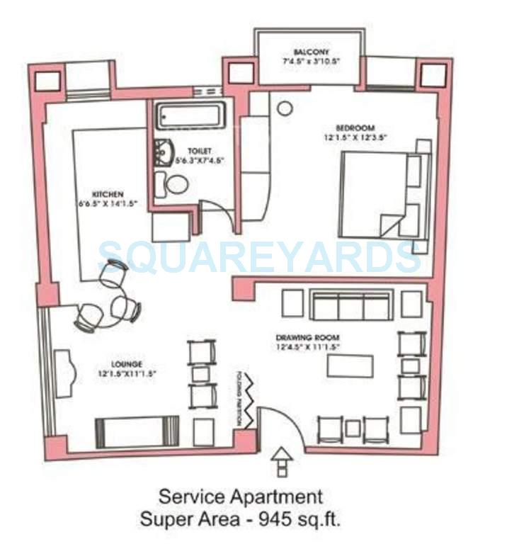 Floor plan of 1 BHK 945 Sq. Ft. Apartment in Nitishree Lotus Pond Blessed Homes, Ghaziabad