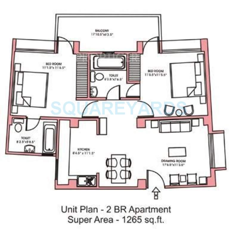 Floor plan of 2 BHK 1265 Sq. Ft. Apartment in Nitishree Lotus Pond Blessed Homes, Ghaziabad
