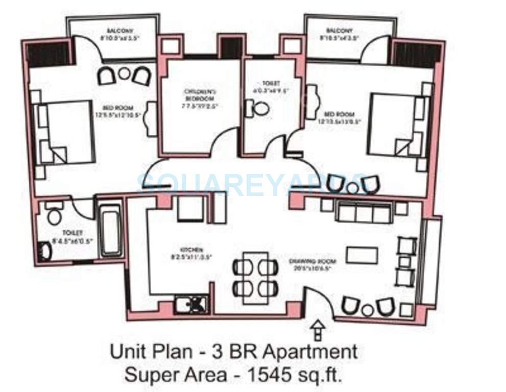 Floor plan of 3 BHK 1545 Sq. Ft. Apartment in Nitishree Lotus Pond Blessed Homes, Ghaziabad